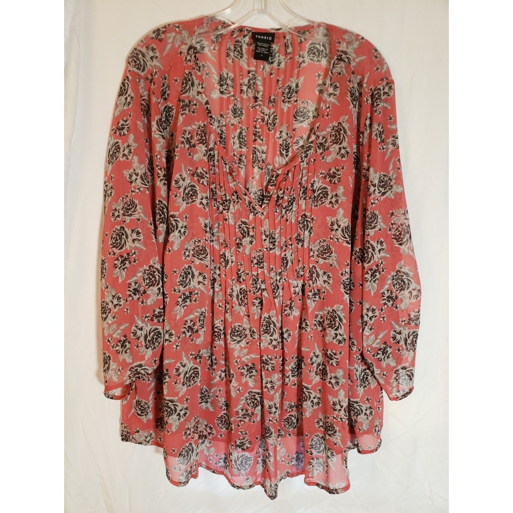 Women's Torrid Red Floral Long Sleeve Semi Sheer Blouse Size 3
